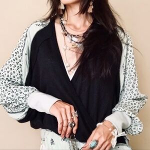 Free People Auxton Thermal Waffle Knit Black & Floral Mint Green Long Sleeve Tee